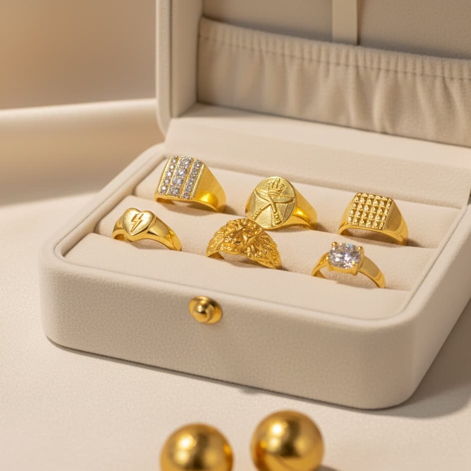 Gold rings in a cream jewellery box